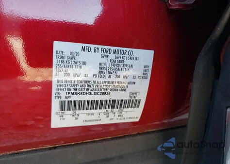 2020 Ford Explorer Xlt из США, поврежденный, VIN 1FMSK8DH3LGC28924